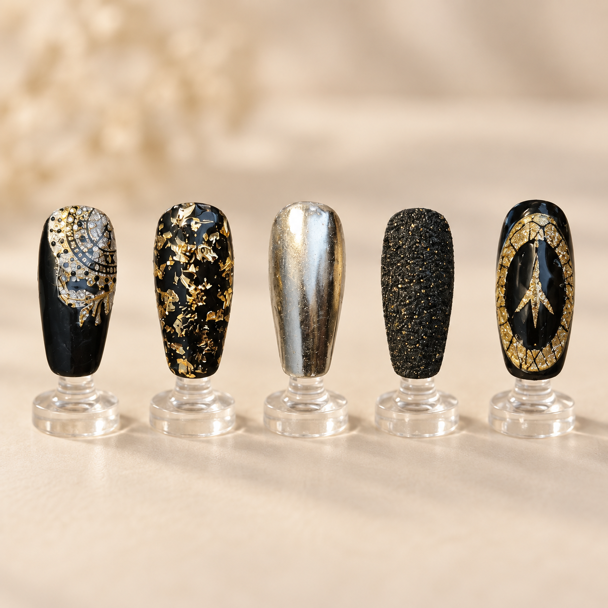 Black silver and gold nail art with foil chrome and textured finishes displayed on clear stands