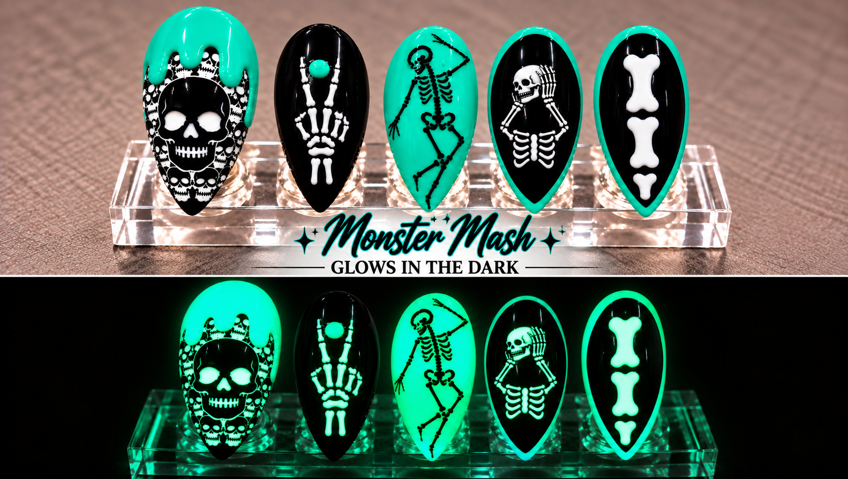 Black and green skeleton nail art shown in regular light and glowing in the dark on clear stands