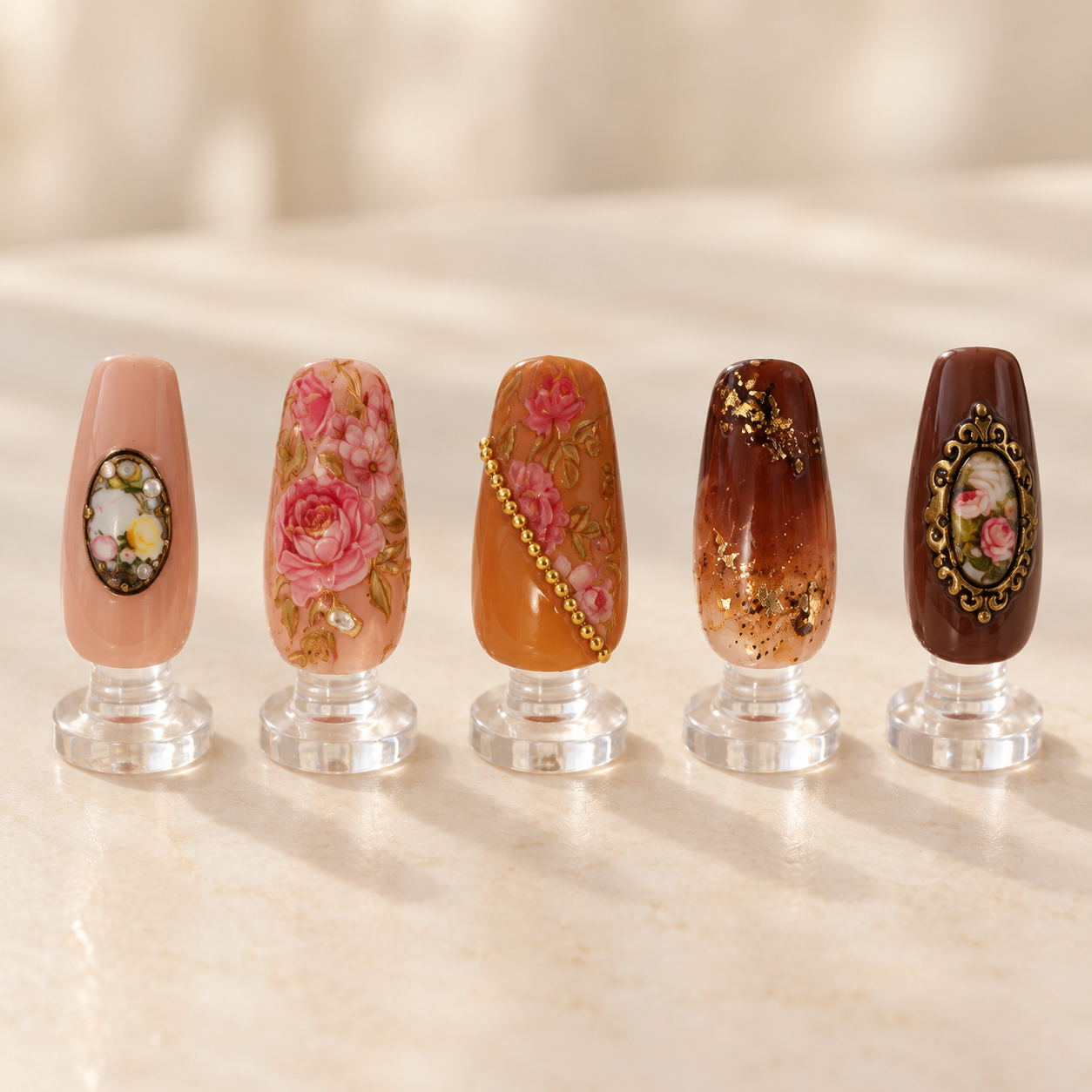 Warm rose brown floral nail art with gold details and vintage cameo accents displayed on clear stands